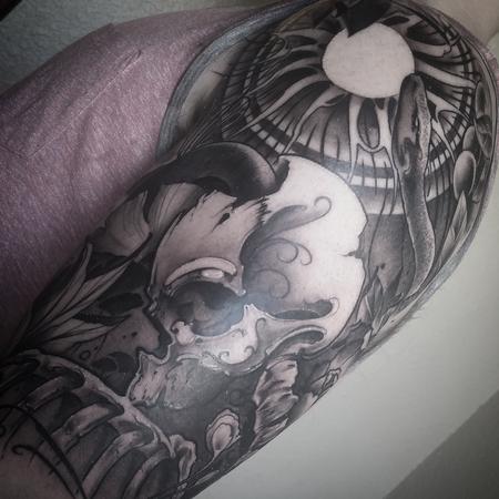 Tattoos - Black and Grey sun Skull Snake Art Nouveau Neotrad Yorick Tattoo - 130586